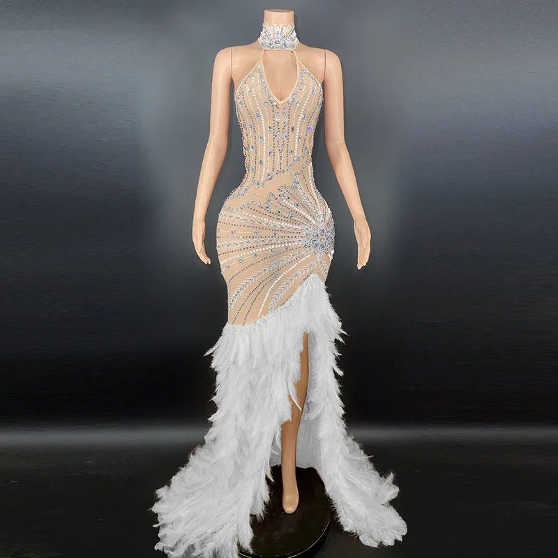 Sparkly Silver Big Rhinestone featherTransparent Long Dress Evening Birthday Celebrate Luxurious Costume Dancer Flashing Dress