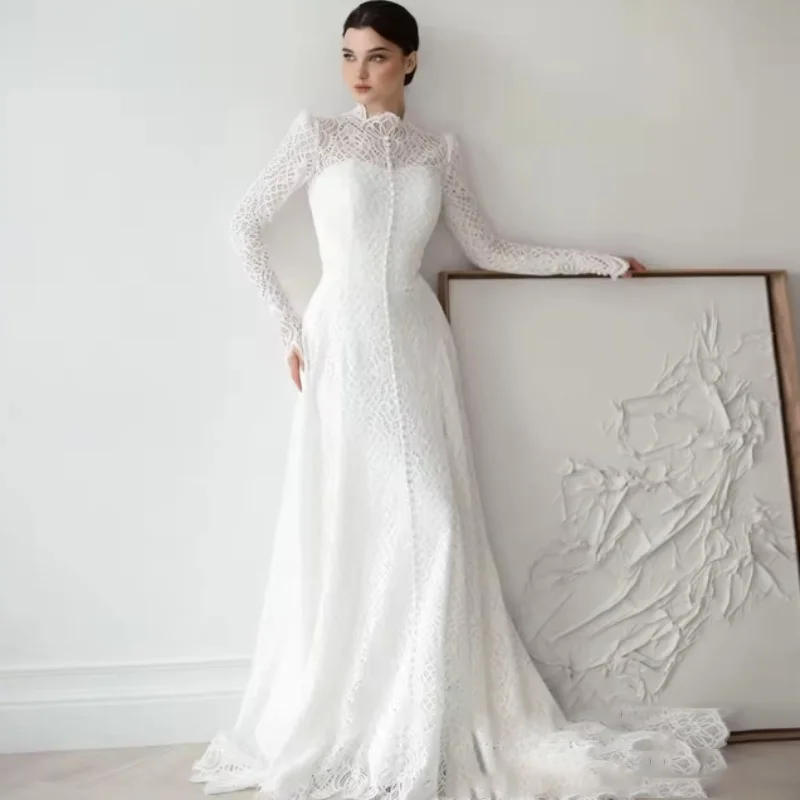 

Muslim Wedding Dresses Long Sleeves High Neck Sweep Train Arabia Women Dress Lace Button Bridal Gown robe de mariée Customized