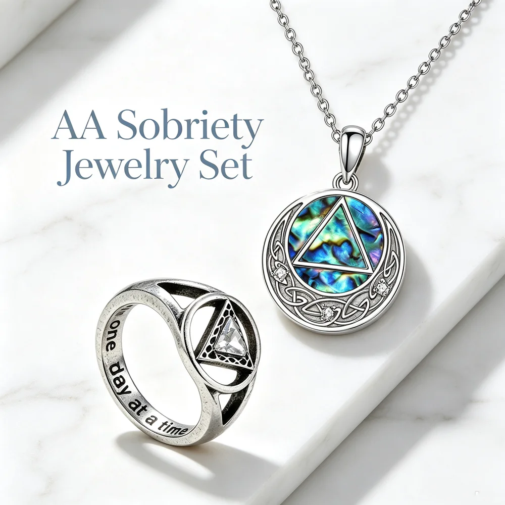 AA Sobriety Jewelry Set Abalone Shell Celtic Triangle Pendant Necklace Hollow Zircon Ring Alcoholics Anonymous Recovery Gift
