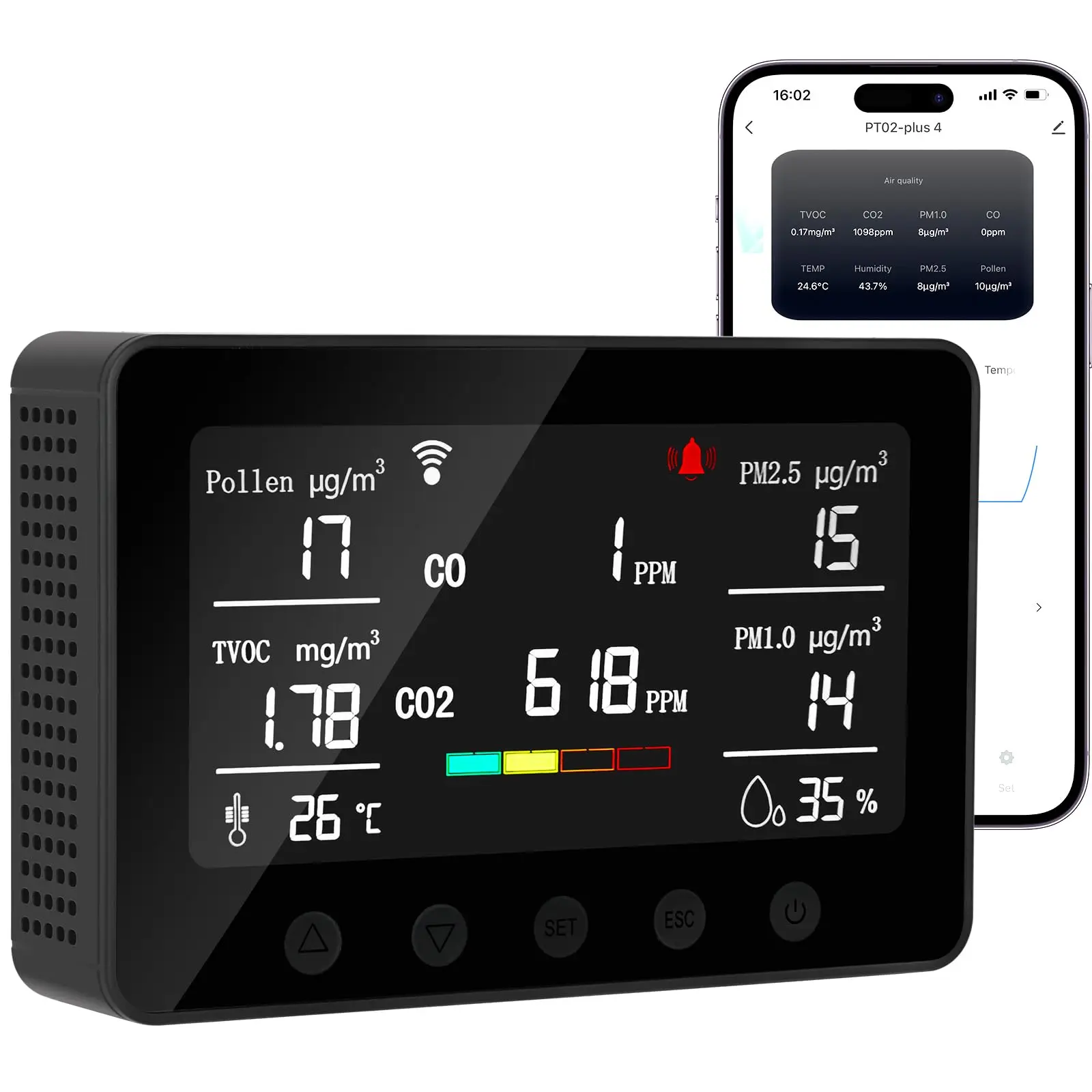Black Smart air Quality Monitor PT02-plus Co Co2 Meter WiFi App Control NDIR Sensor Tvoc Pollen PM2.5 Meter for Indoor Pollution