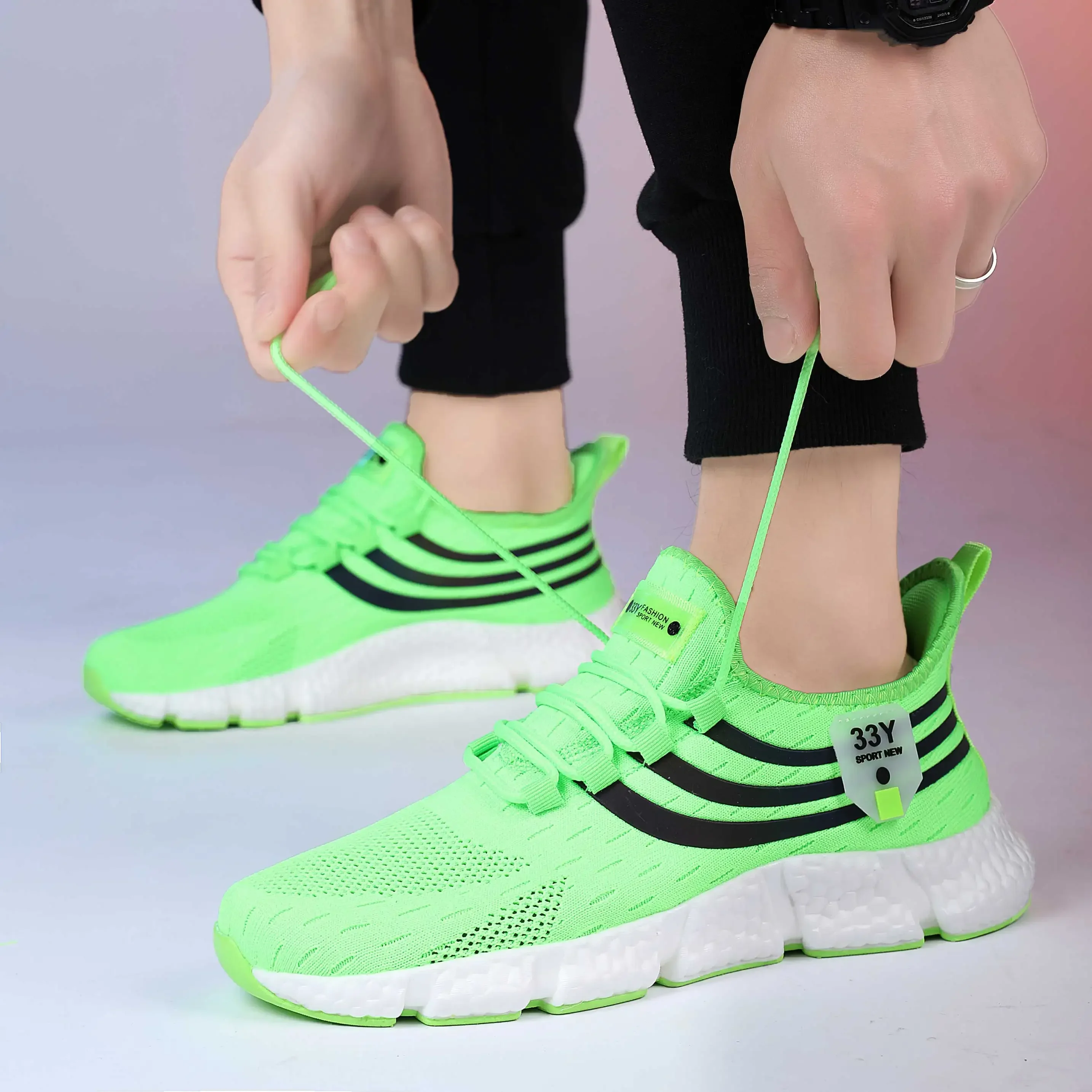 Men's Breathable Knitted Running Shoes Striped Fashion Design Lightweight Shoes Outdoor Exercise Jogging Training Sports Shoes
