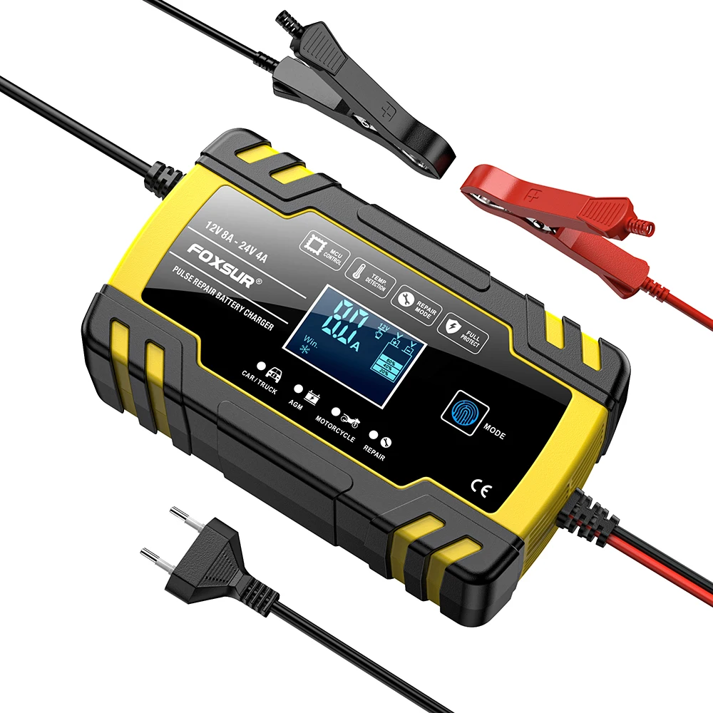 FOXSUR 12V 24V 8A Automatic Smart Battery Charger, 3-stage smart Battery Charger, Car Battery Charger for GEL WET AGM Battery