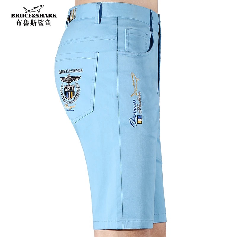 Bruce&Shark New Summer Straight Men\'s Light Blue Casual Shorts Thin Stretch Cotton Fashion Men\'s Short Pants Embroidery Beach