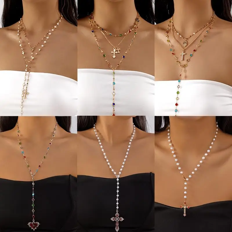 

Готический Sle хип-хоп цветной бриллиант крест ожерелье ключицы цепочка многослойный дизайн без бренда мужские модные украшения