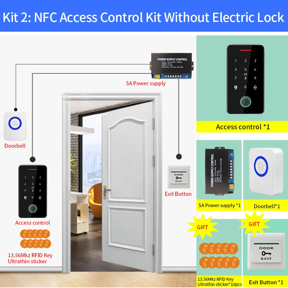 Kits de Sistema De Controle De Acesso De Porta Bluetooth, Fechaduras Elétricas De Ataque Magnético, Impermeável, NFC, RFID, Teclado De Impressão