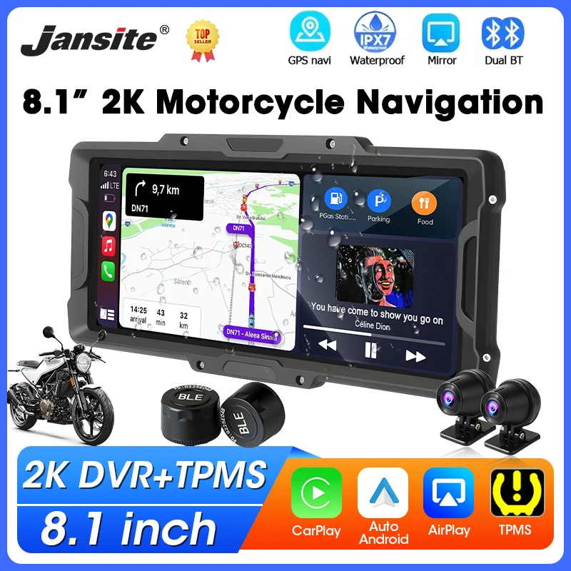 

8.1 inch Motorcycle Carplay GPS Navigation 2K DVR For Wireless Carplay Android Auto Dual BT 5.0 IPX7 Waterproof Moto Display