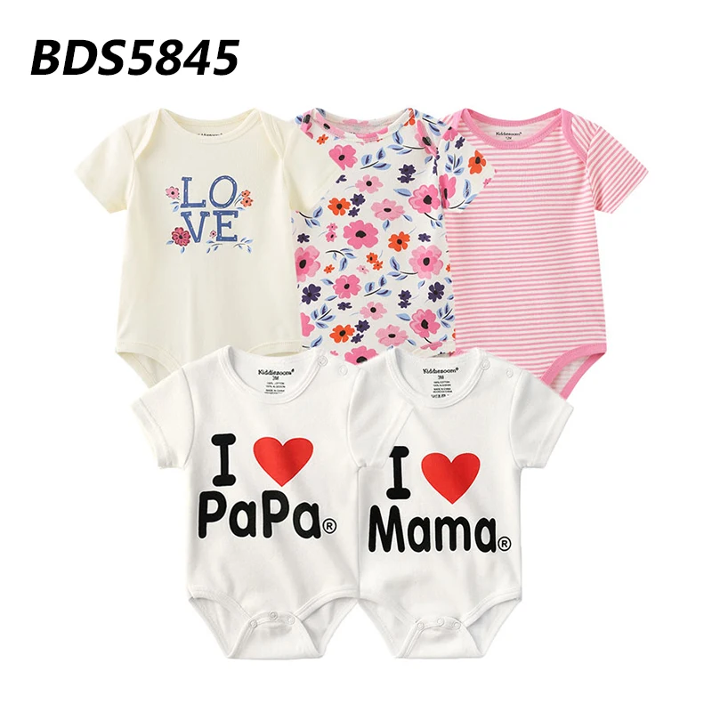 Soft Cotton Newborn 5 Pack Short Sleeve Bodysuits Cute Animal Stripe & I Love Papa Mama Print Baby Layering Jumpsuits