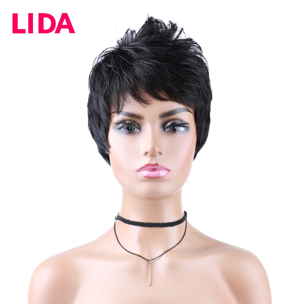 Lida Chinese Human Hair Full Machine Made Black Women Straight Short Wigs Natural Style For Daily Life