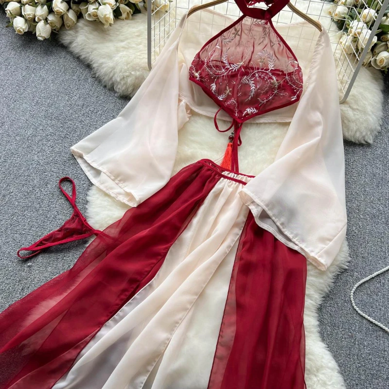 Red Chinese Traditional Perspective Lingerie Cosplay Soft Women Robe Chemise Chiffon Sleepwear Sexy Nightdress Hanfu Fairy Dress