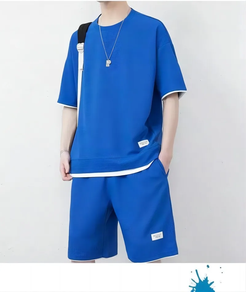 Men's new Jogging Waffle Summer Suit 2025 Casual T-shirt + Shorts Suit Men's Tracksuit Solid color tracksuit loose suit M-5XL