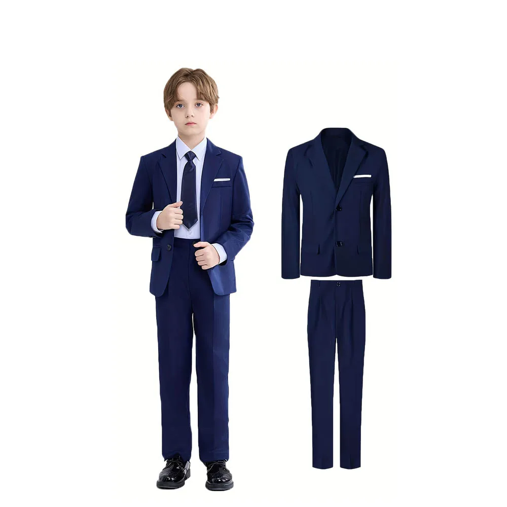 

Kids Navy Blue 2Pieces/Set Jacket Pants Wedding Dress Flower Boys Host Piano Performance School Uniform Children Photograph Set