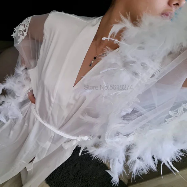 신부 긴 기모노 가운 메쉬 & 깃털 패치 워크 목욕 가운 여름 관점 잠옷 V-Neck 웨딩 Sleepdress