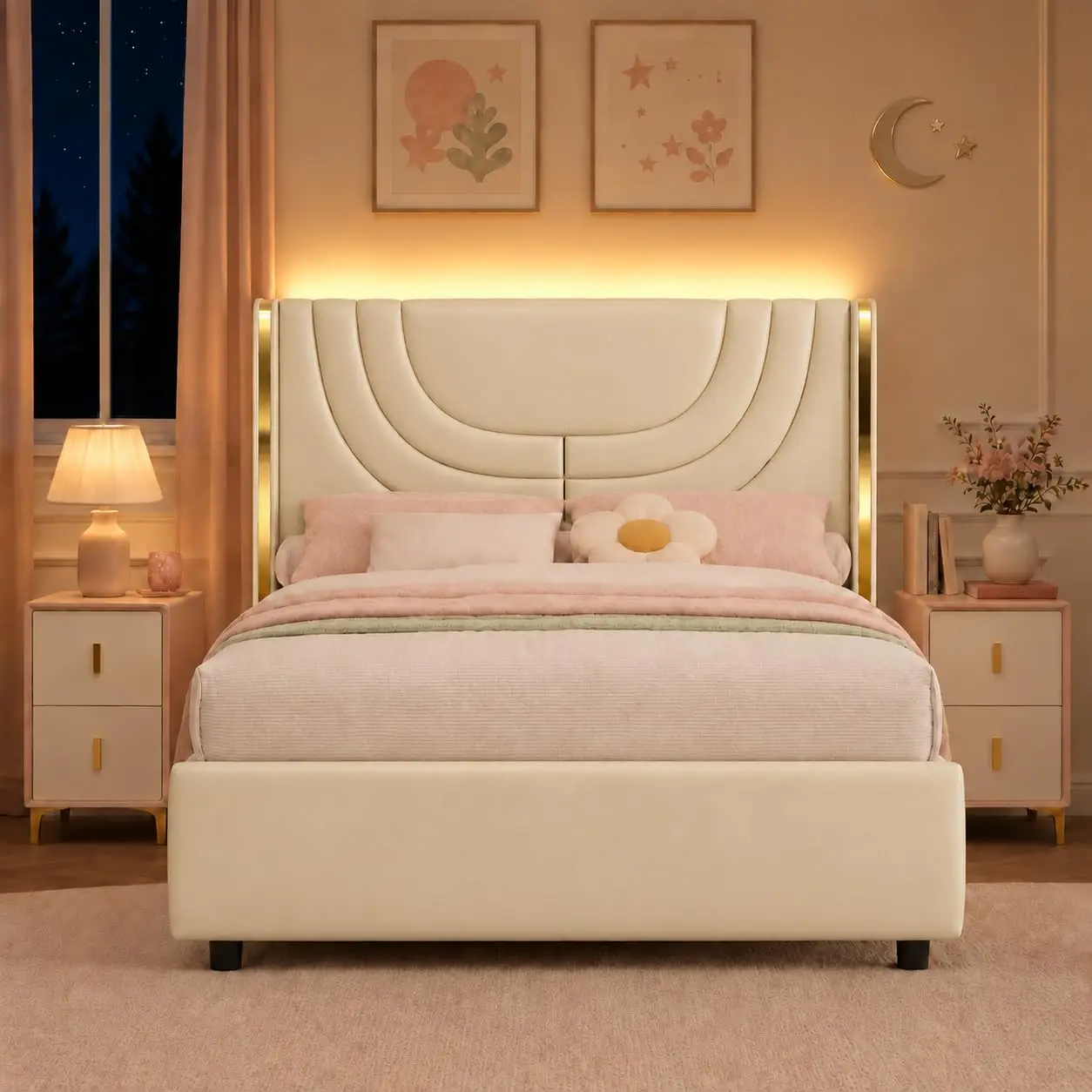Twin Bed Frame with LED Lights, Cream Faux Leather Platform Bed, Gold Wingback Headboard, Modern Upholstered Design