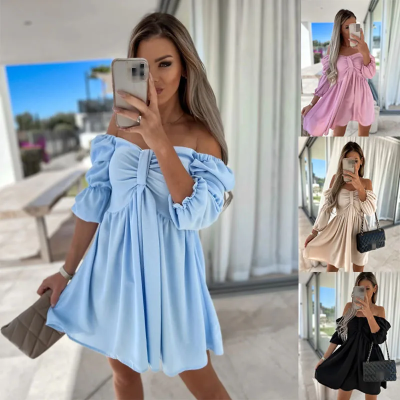 

Trendy Women Puff Sleeves Dress 2025 Summer Elegant Off-shoulder Mini Dress High Waist Solid Color A-line Streetwear Robe Femme