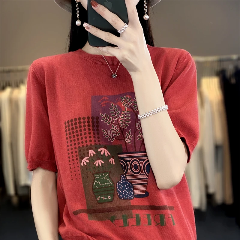 Summer New 100% Cotton Knitted Short-Sleeved Women's Round Neck Color Matching Printed T-Shirt Loose Plus Size Half Sleeve Top