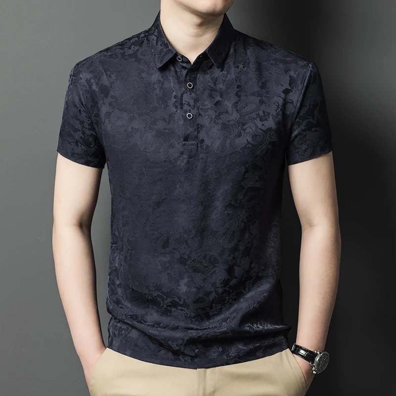 

Жаккардовые шелковые роскошные рубашки поло для мужчин с коротким рукавом, крутое летнее качество, удобные дышащие тенденции, Camisas De Hombre