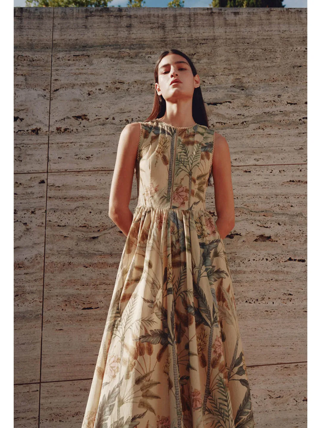 

Spring Women's Holiday Style round Neck Sleeveless Plant Print Lace Decoration Dress Soft Polyester Fabric A-Line Skirt