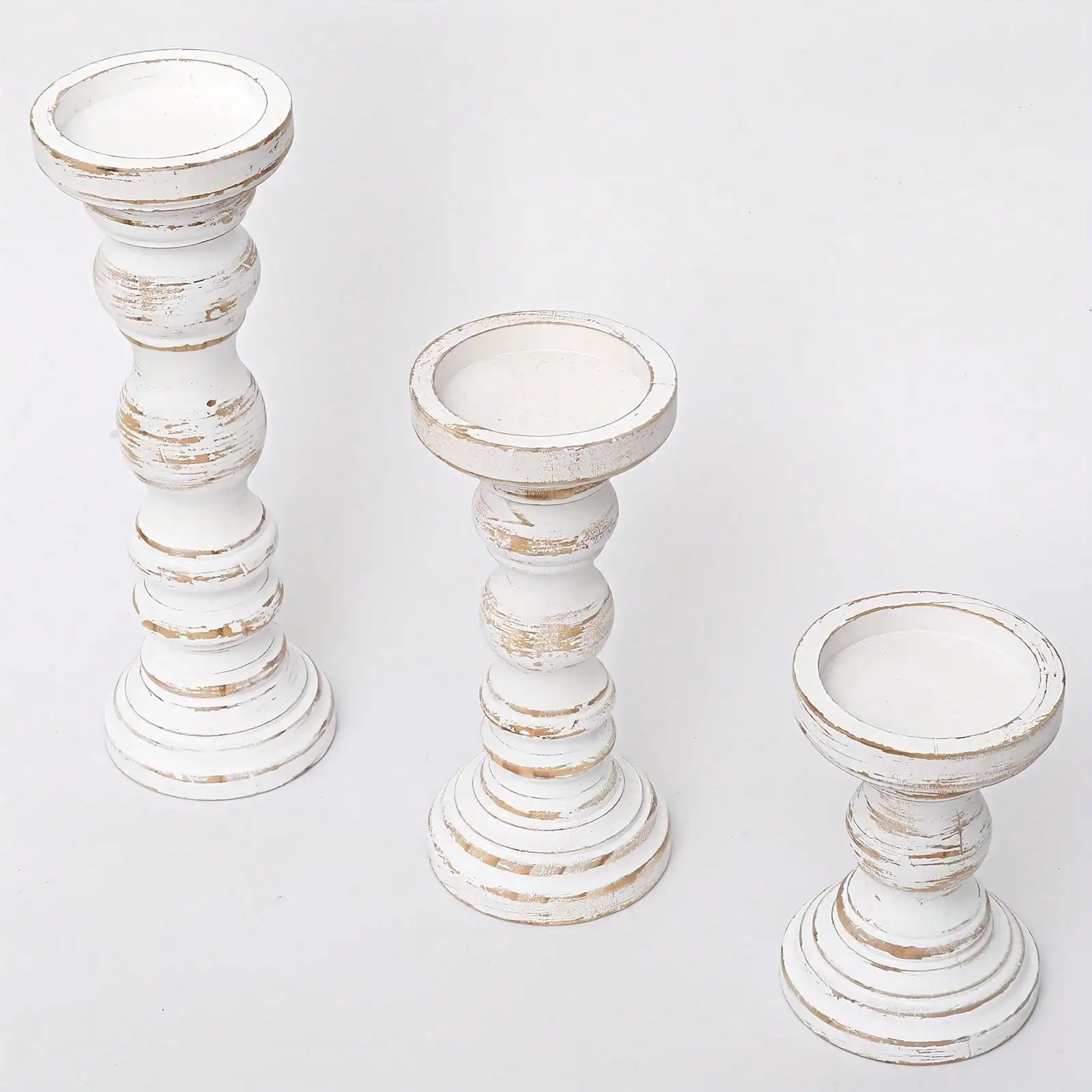 Large Candle Holders For Pillar Candles - Rustic Farmhouse Style Home Decor - Perfect For Table Centerpieces, Coffee Table Or Fireplace Mantel - 3pcs Set - White