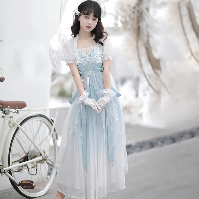 2025 neue Vintage Süße Lolita Chinesischen Stil Kleid + Casual Nette Top Elegante Temperament Farbverlauf Lolita Kleider 2 stück Set