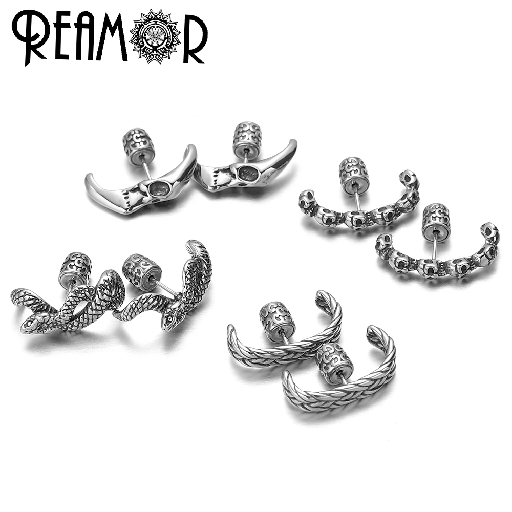 REAMOR Fashion Multiple Skull Arched Stud Earrings for Women Men Stainless steel Skeleton Piercing Earrings Gothic Jewelry 1 Set