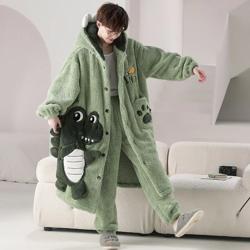 Winter Men\'s Coral Velvet Pajamas Set Thickened Long Sleeve Hooded Bathrobe Cartoon Cute Home Suit Warm Sleepwear Loungewear