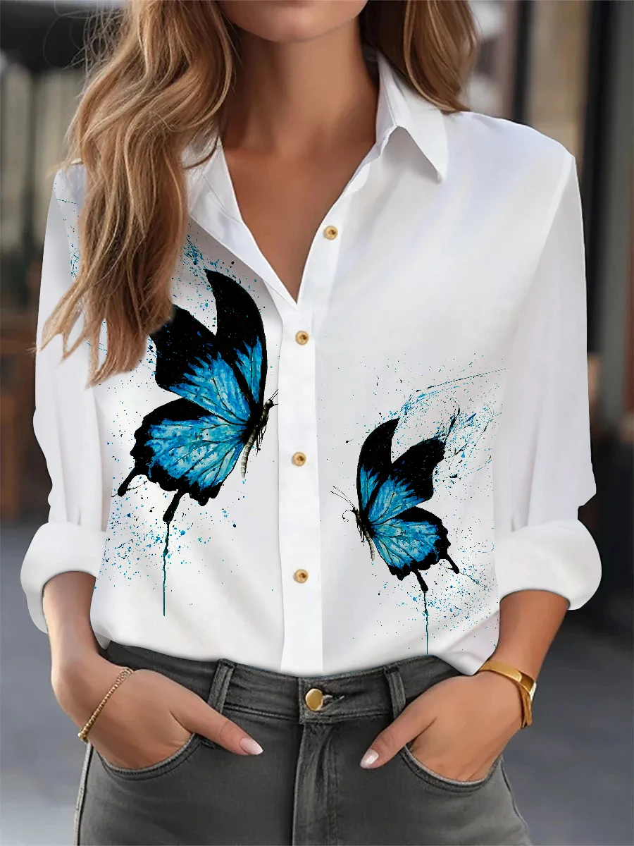 

Модные простые женские рубашки с длинными рукавами и 3D принтом бабочки с цветочным узором, осенние женские топы, повседневная модная женская одежда
