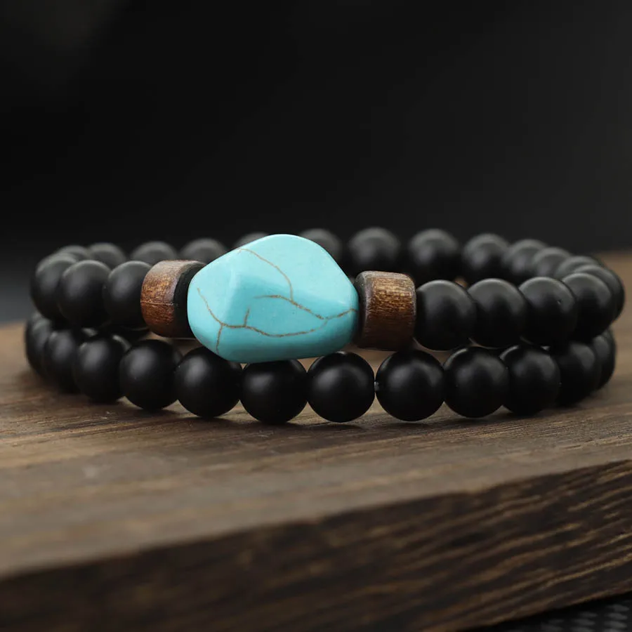 2Pcs Natural Stone Bracelet Set Men Blue Turquoises Volcanic Lava Wooden Beaded Elastic Bangles Protection Healing Homme Jewelry