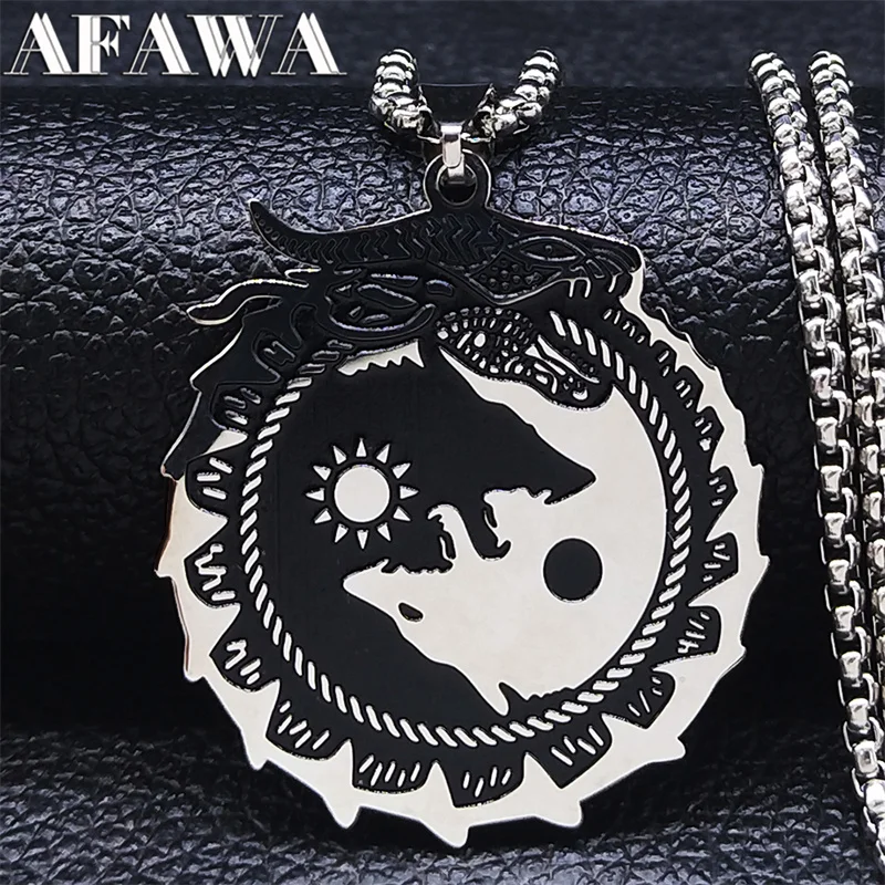 Yin Yang Gossip Wolf Sun Moon Stainless Steel Dragon Pendant Necklace Silver Color Statement Necklace Jewelry collar N3694S02