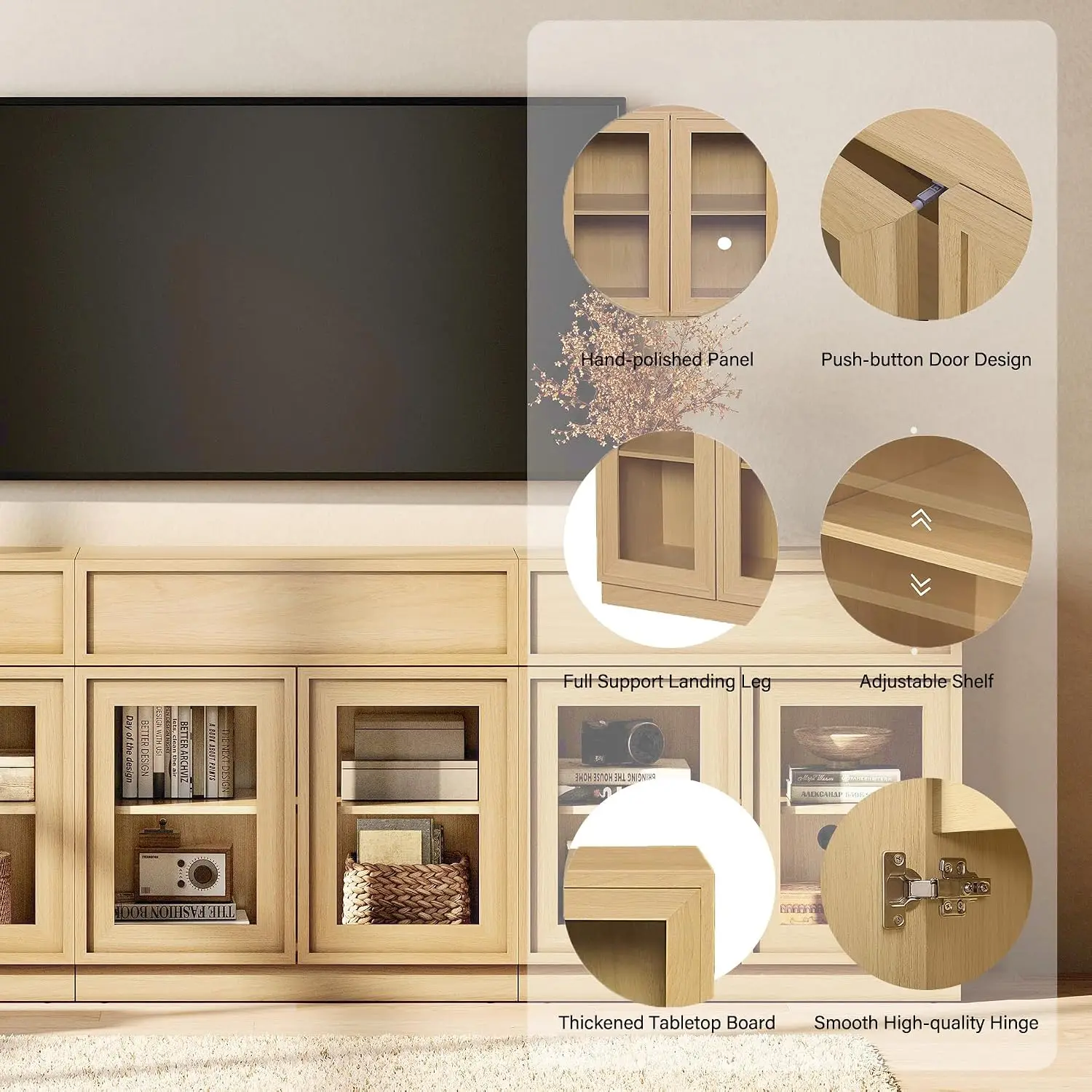 Modern TV Stand Console Cabinet 6 Doors Drawer Adjustable Shelf Living Room Bedroom Oak, Customized