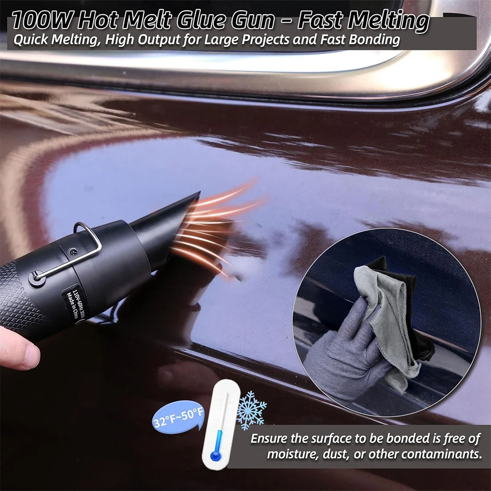 Zestaw do bezlakierowego usuwania wgnieceń karoserii samochodowej z mostkiem do podnoszenia wgnieceń, gumowym młotkiem i T-barą do naprawy wgnieceń.