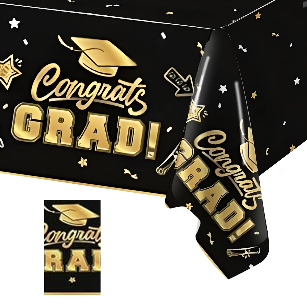 Mantel desechable de oro negro, gorro de graduación de felicitaciones, corredor de mesa de diploma, suministros para fiesta de graduación de estrellas de la clase de 2025