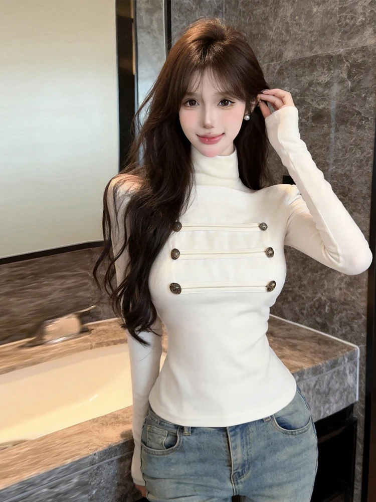 Sexy Retro High Collar Buttoned Splice Long Sleeve T-Shirt Slimming Inner Wear Overhead Top for Autumn Trendy Girl's Fashion