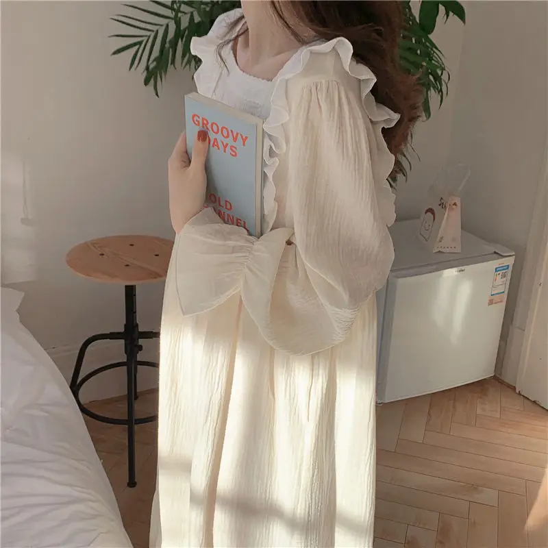 Lace Women Nightgown Korean Style Sleepwear Long Sleeve Night Dress Autumn Solid One Piece Pajamas Home Sleeping Wears New In