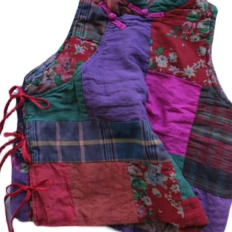 

2025 New Autumn Patchwork Print Coat Vest Women Chinese Style Pan Buckle Tie Clip Cotton Warm Clip Vest Female Tops