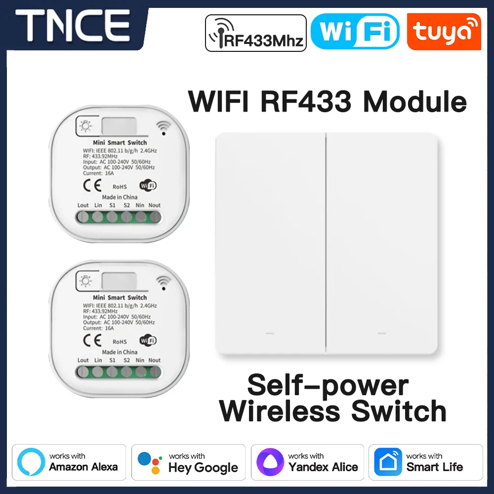 TNCE Tuya WIFI RF433 relay Receivers, Self-powering Transmitter, Smart Wireless Switch DIY Module, Voice with Google Home Alexa