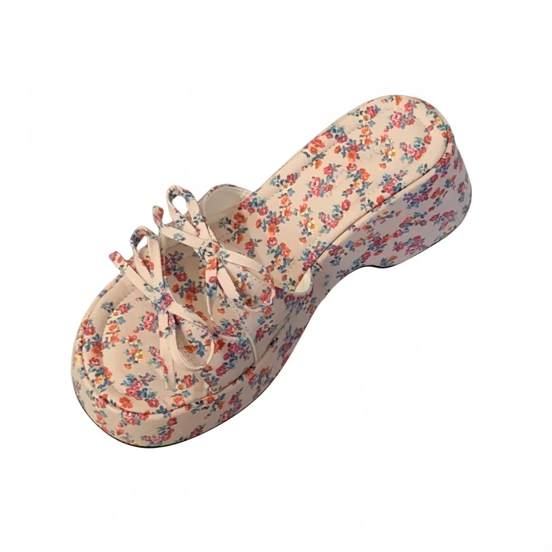 

Woman Summer Shoes 2026 Chinese Slippers Pink Small Floral Print Platform Heels Sandals Lace Up Bow Wedge Heels Ladies Shoes