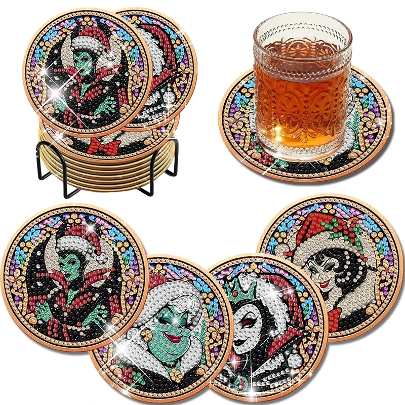 4 Pack New Disney Diamond Painting Coasters DIY Witch Diamond Art Coasters with Stand Table Mat Home Decor Gift