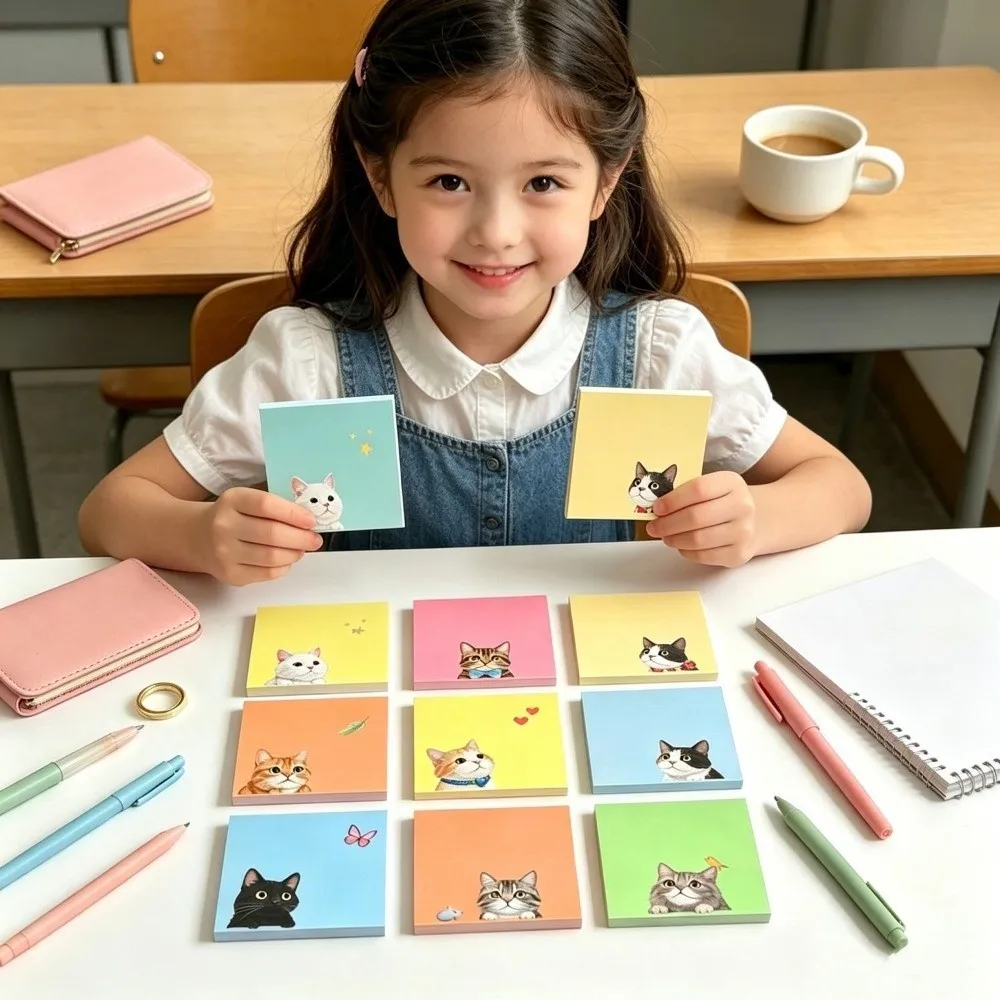 9pcs Set Macaron Style Cartoon Sticky Notes Random Patterns Sticky Backing Animal Memo Pads Colorful Page Markers Office Use