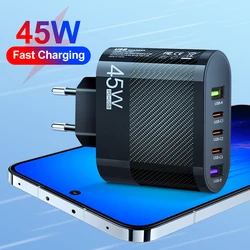 5 in 1 USB Charger 2 USB 3 Type C Quick Charging Total 45W Fast Wall Charger For iPhone Samsung Xiaomi Huawei Phone Plug Adapter