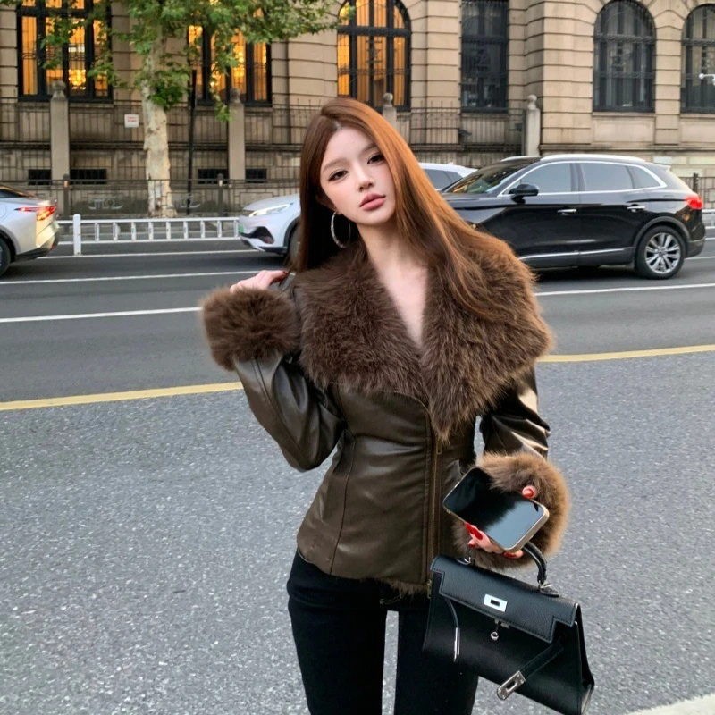 

Brown Zipper Leather Jacket Slim Solid High-end Faux Fox Collar Women‘s Coat Irregular Patchwork Outerwear Luxury Casual Vintage
