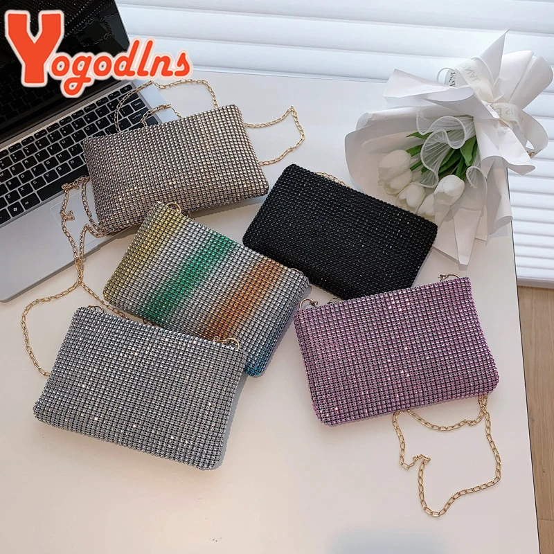 Yogodlns Trend Small Rhinestone Square Bag Metal Chain Shoulder Bag Luxury Design Shoulder Crossbody Bag Diamond Coin Purse