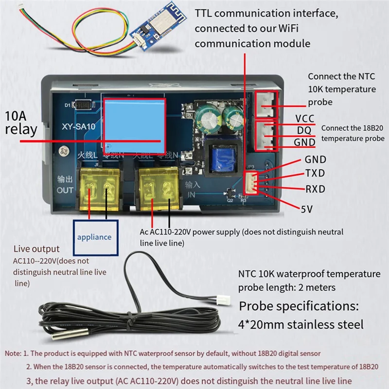 SA10W WIFI أداة تحكم في درجة الحرارة بالترموستات شاشة ديجيتال ترموستات إنذار درجة حرارة منخفضة عالية متينة وسهلة الاستخدام