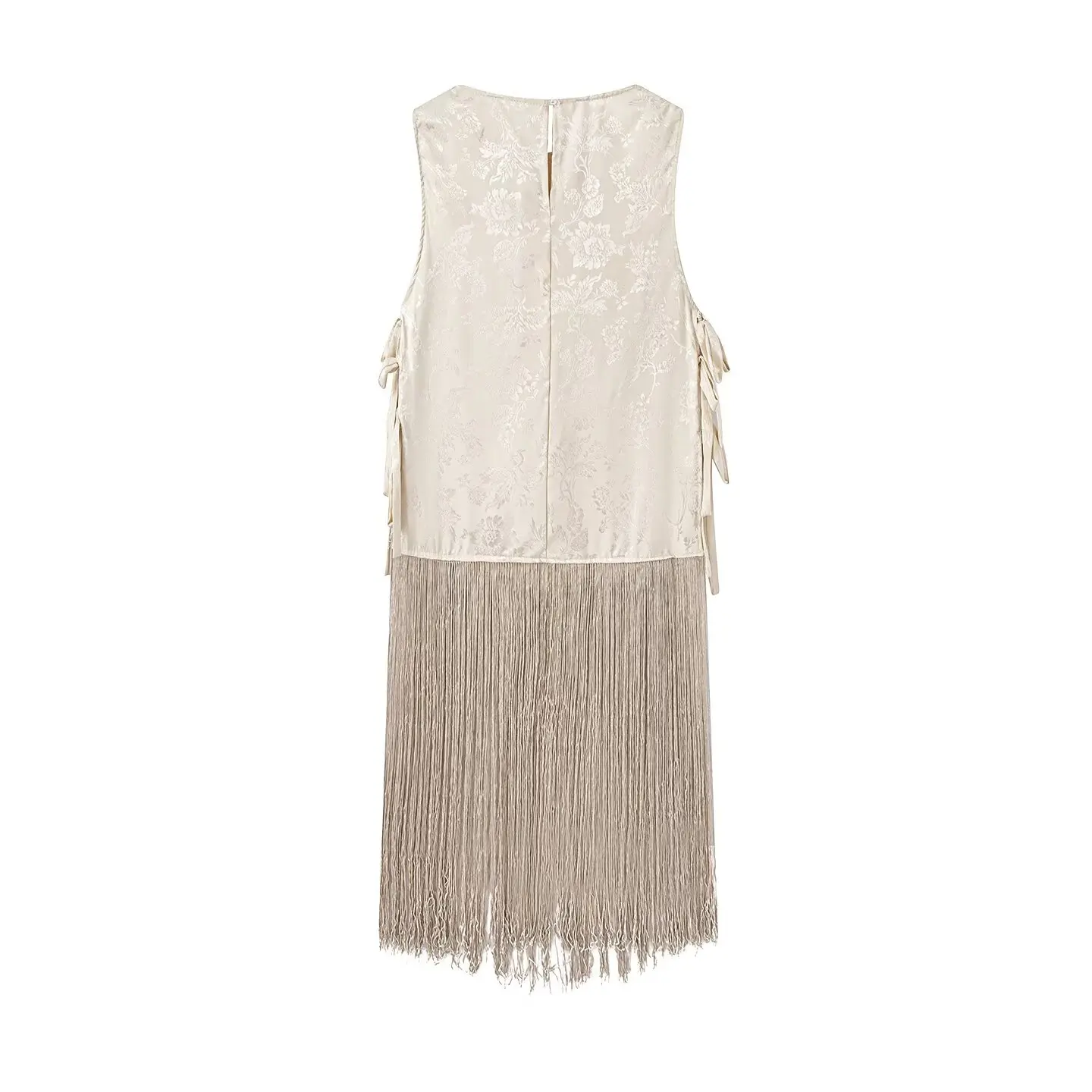 DUOPERI Women Jacquard Fringe Hem Tank Top Cowl Neck Sleeveless Vest Top Female Chic Lady Feminine  Vintage Shirt