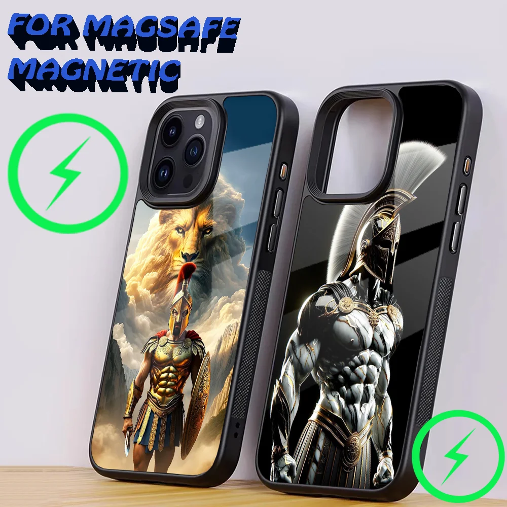 Black Spartan Warrior Phone Case For iPhone 16,15,14,13,12,11,Plus,Pro,Max Mini Magsafe Magnetic Wireless Charging