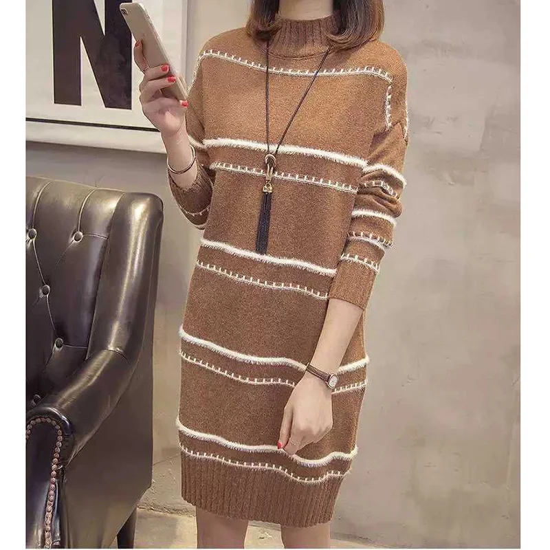 Fashion Knitted Spliced Loose Striped Casual Dresses Female Clothing 2023 Autumn New Long Sleeve Mini Dress