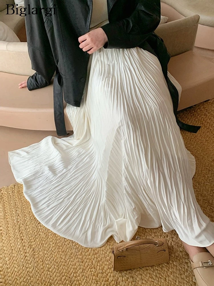 

Летняя весенняя плиссированная юбка женская, элегантная длинная юбка, женская модная юбка А-силуэта с эластичной высокой талией, черная, 2026