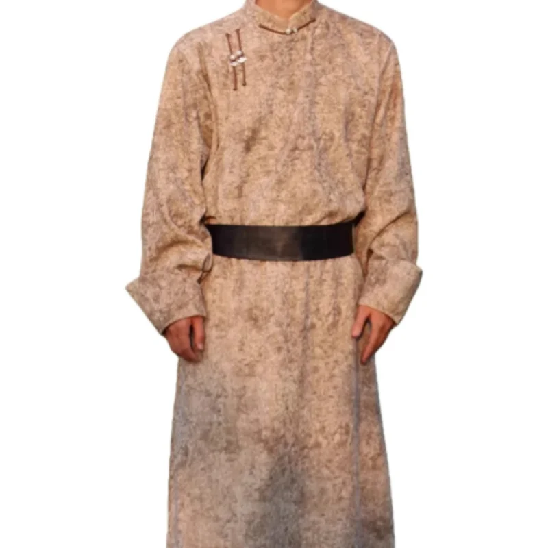 Chinese Mongolian Men's Daily Casual Linen Robes Performance Clothing Fleece Folded Texture Gown Autumn Man Brown Gray Overcoat