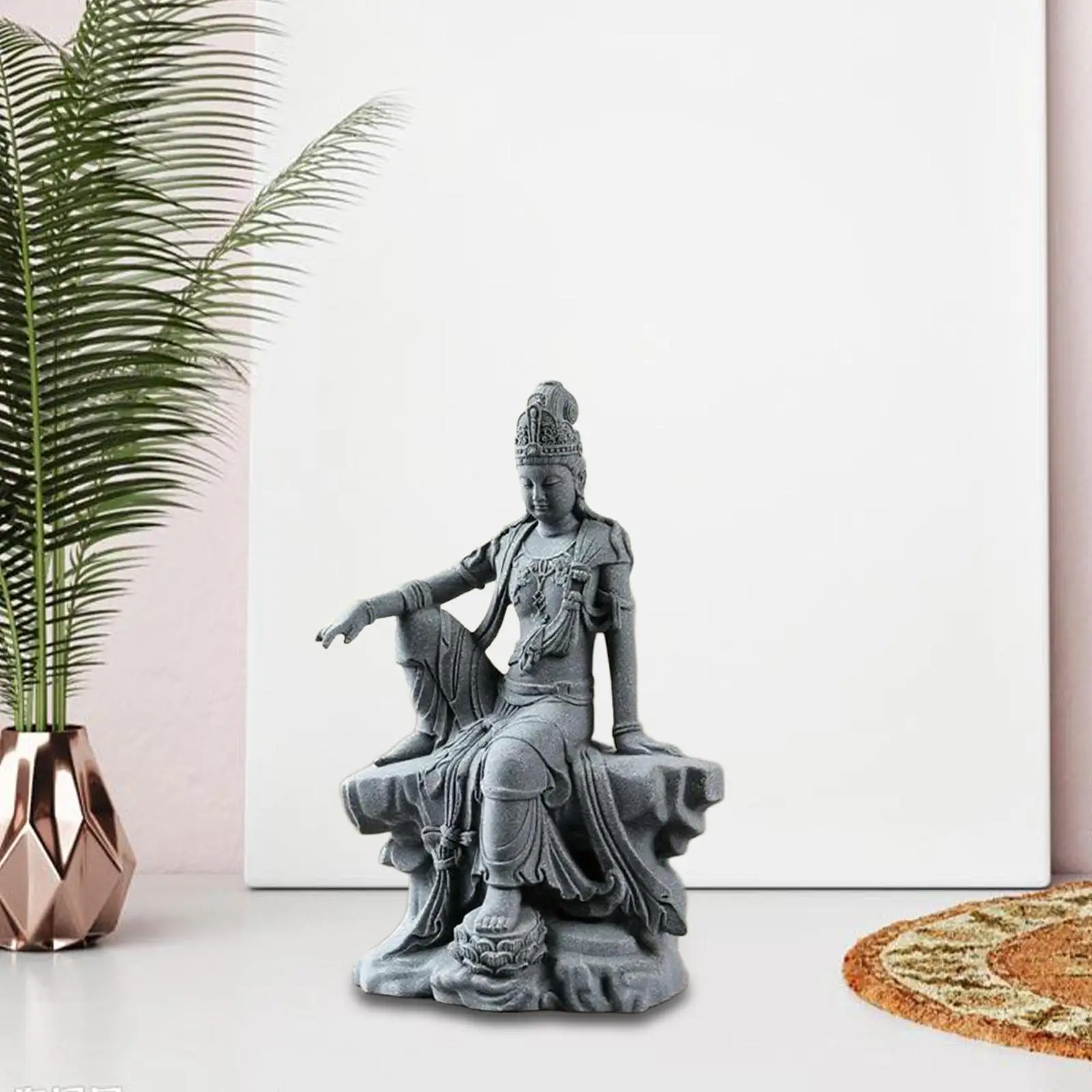 Modern Guanyin Decorative Sculpture Gray Resin Buddha Figure Lotus Base Resin Ornament for Home Meditation Office Buddhist Decor