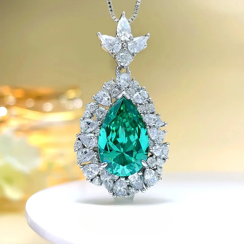 

925 Silver Shiny Green Tourmaline Droplet Necklace Fashionable and Elegant Pendant Imported 5A Grade Wedding Jewelry Wholesale