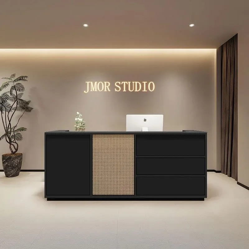 for Medieval Style French Retro Cream Reception Desk for Korean Clothing Store Bar Counter Rattan Front Desk Checkout Page